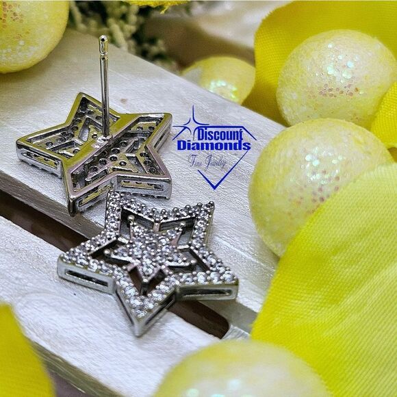 Star Shaped White Baguette Diamond Earrings on 925 Sterling Silver - Picture 5 of 9